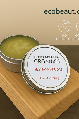 Organic balm tin labeled “Boo Boo Be Gone” by ecobeaut.com, with “no chemicals” and “organic products” icons on a beige background.