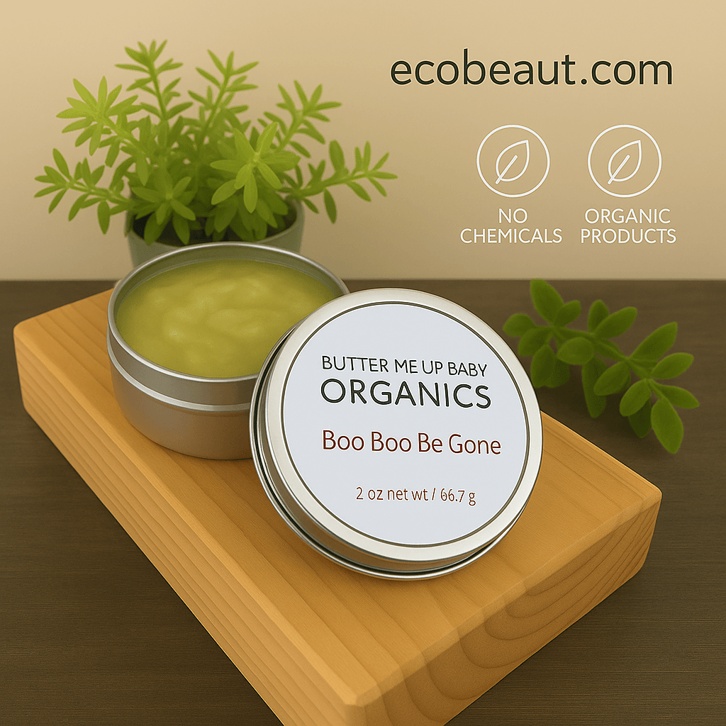 Organic balm tin on wooden stand surrounded by green plants, labeled “Boo Boo Be Gone” by ecobeaut.com, with “no chemicals” and “organic products” icons.




