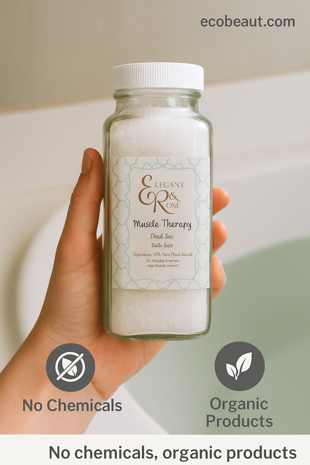 Organic bath salts for muscle therapy by Elegant Rose – clear glass jar with label, marked 'no chemicals, organic products' and ecobeaut.com branding