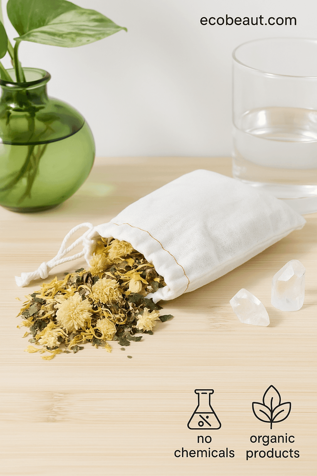 Organic bath tea blend for psoriasis and eczema relief in a cotton drawstring bag on dark wood background – ecobeaut.com