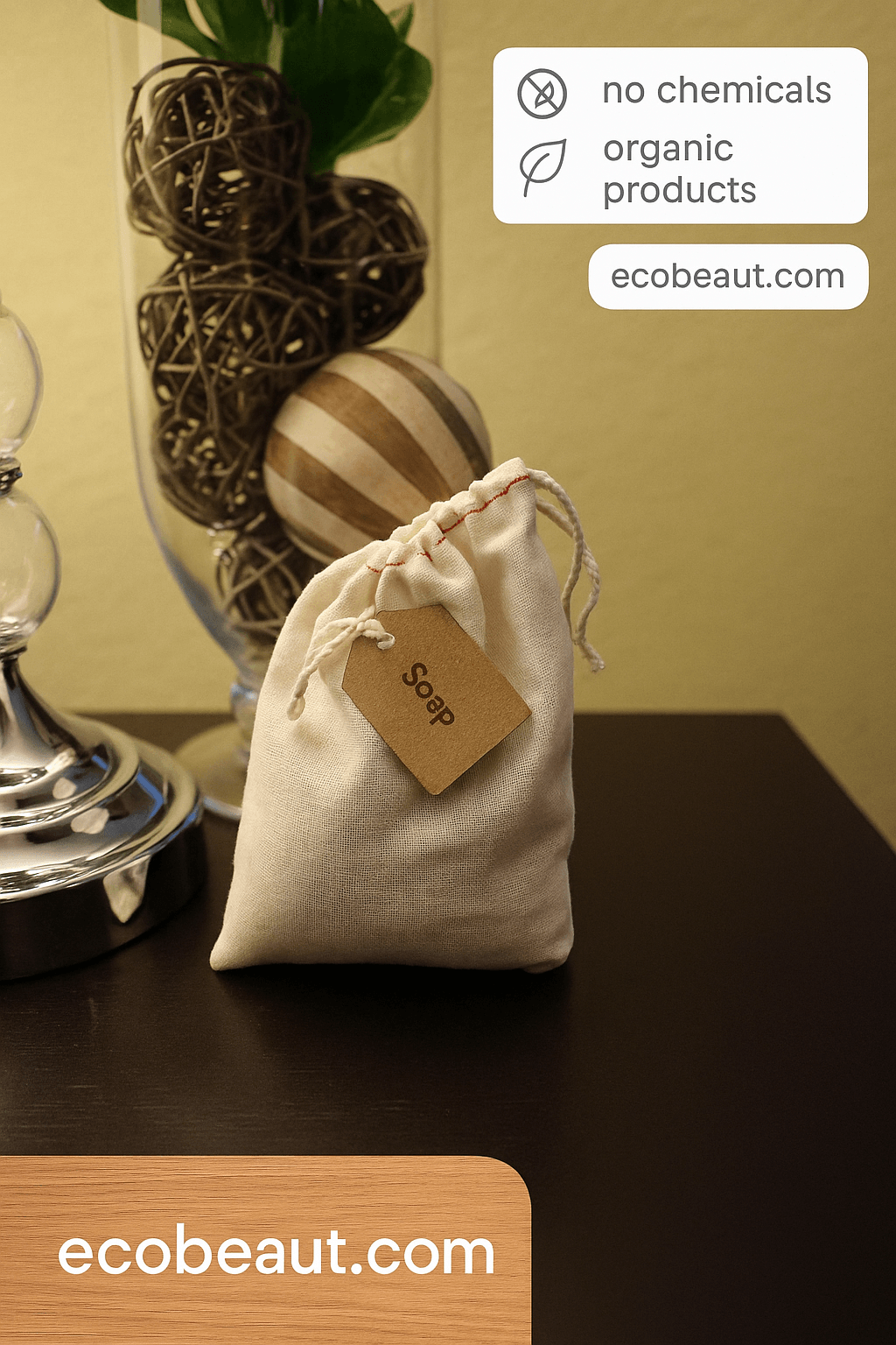 Organic bath tea in muslin bag with kraft tag labeled “Soap” – calming herbal soak on wooden table beside decorative vase and lamp
