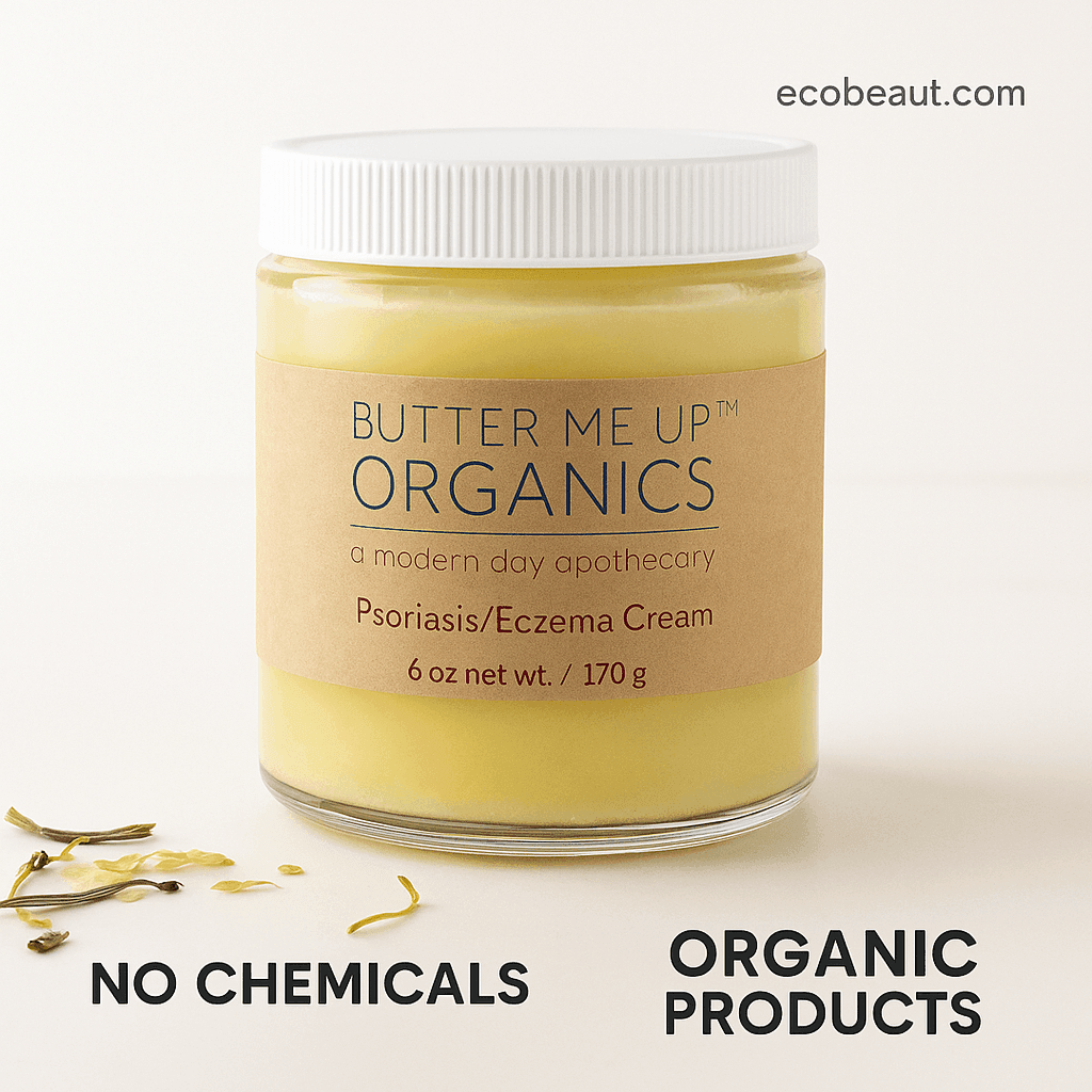 Organic eczema cream jar with brown label, eco tags, and ecobeaut.com branding.
