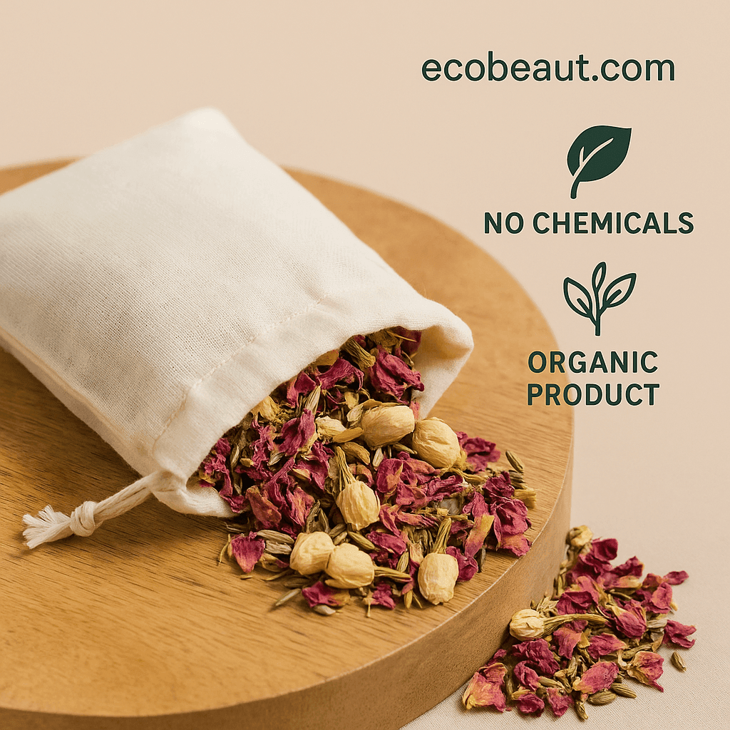 Organic herbal bath tea in muslin pouch with dried jasmine, rose, and calendula flowers on wooden tray – labeled no chemicals and organic product, ecobeaut.com