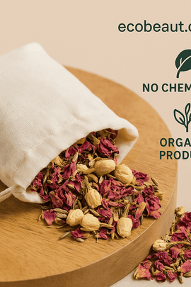 Organic herbal bath tea in muslin pouch with dried jasmine, rose, and calendula flowers on wooden tray – labeled no chemicals and organic product, ecobeaut.com