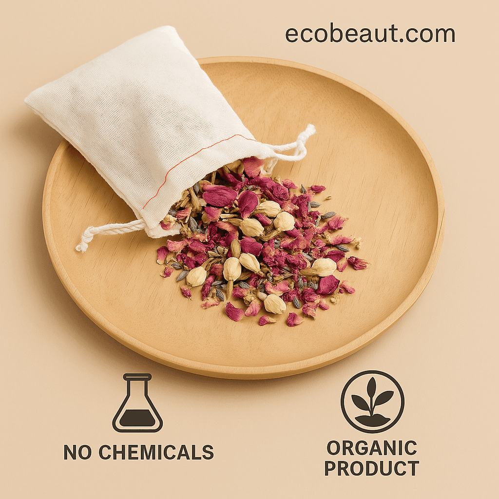 Organic herbal bath tea in muslin pouch with rose petals, jasmine, and lavender spilling onto wooden plate – labeled no chemicals and organic product, ecobeaut.com