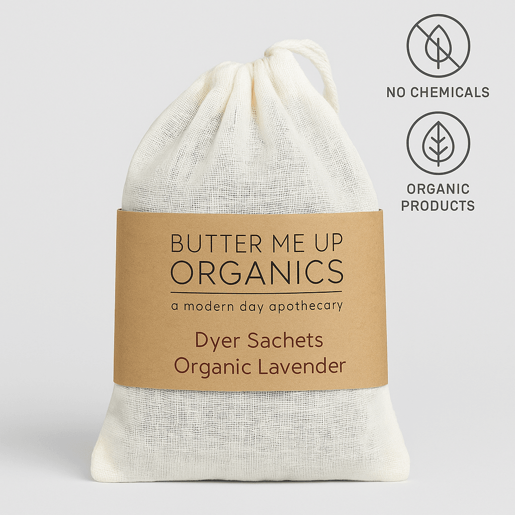 Organic lavender dryer sachets in eco-friendly muslin bag with kraft label – Butter Me Up Organics, chemical-free and natural laundry freshener