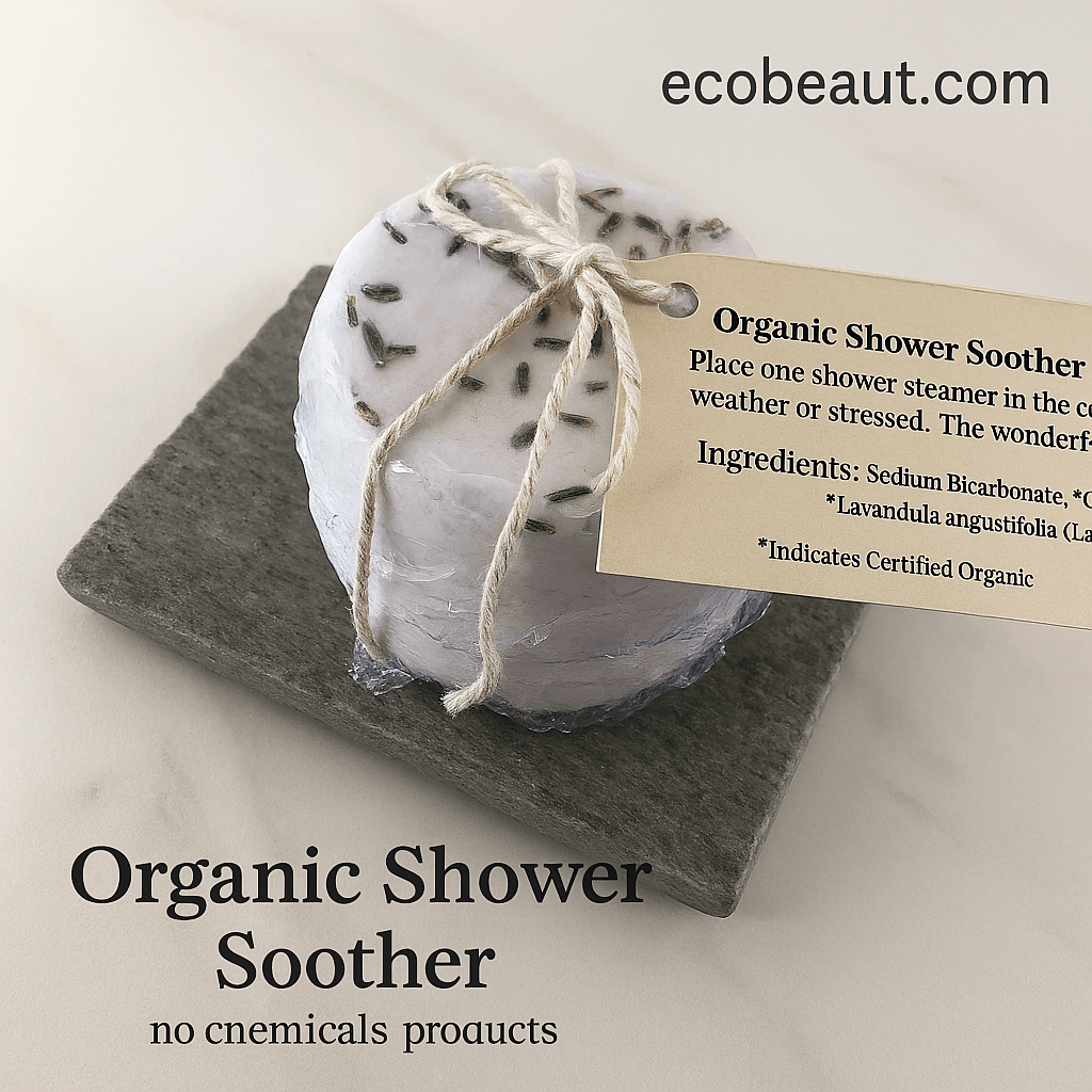 Organic lavender shower steamer wrapped in plastic with dried flowers, tied with twine and tag, displayed on a dark stone tray – available at ecobeaut.com