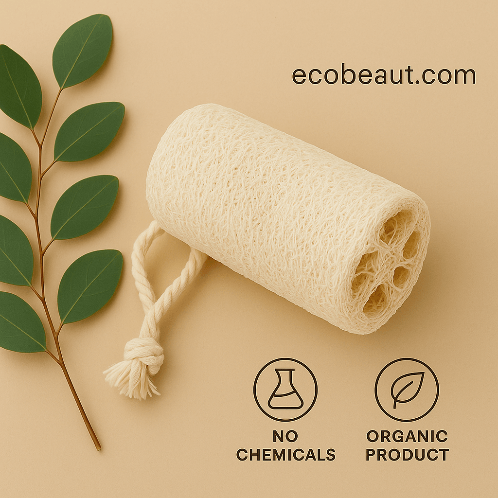 Organic loofah sponge on neutral beige background with no chemicals and organic product icons – ecobeaut.com"