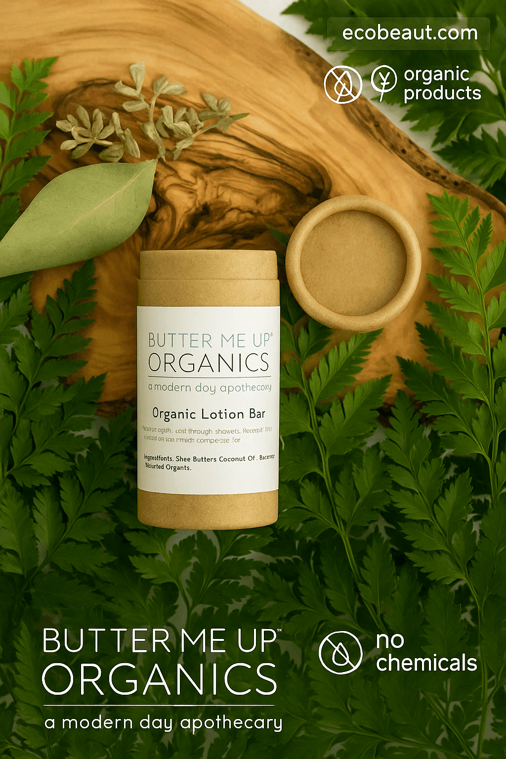 Organic lotion bar in kraft paper tube on wood, surrounded by green leaves and labeled with ecobeaut.com and eco icons in the top right.