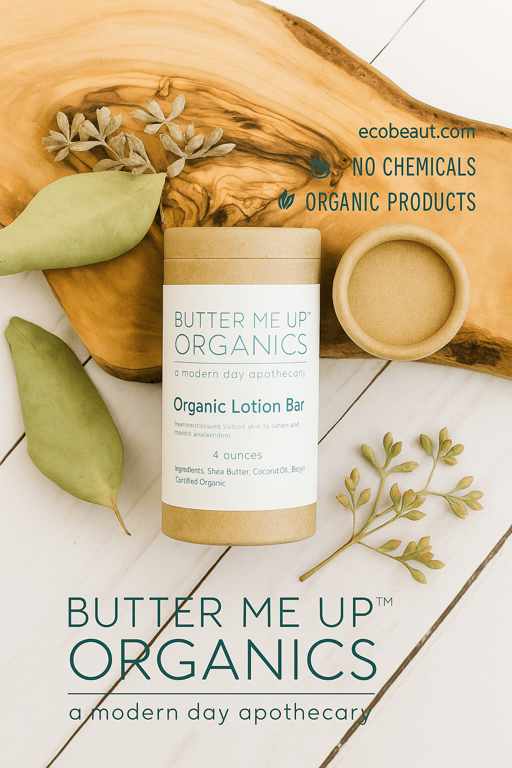  Organic lotion bar on wood with dried leaves, green eco-friendly text and icons, and ecobeaut.com in the top right.




