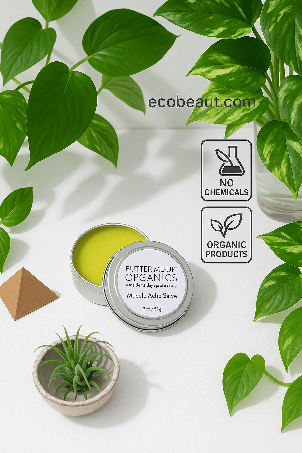 Butter Me Up Organics product with green leaves and 'ecobeaut.com' branding