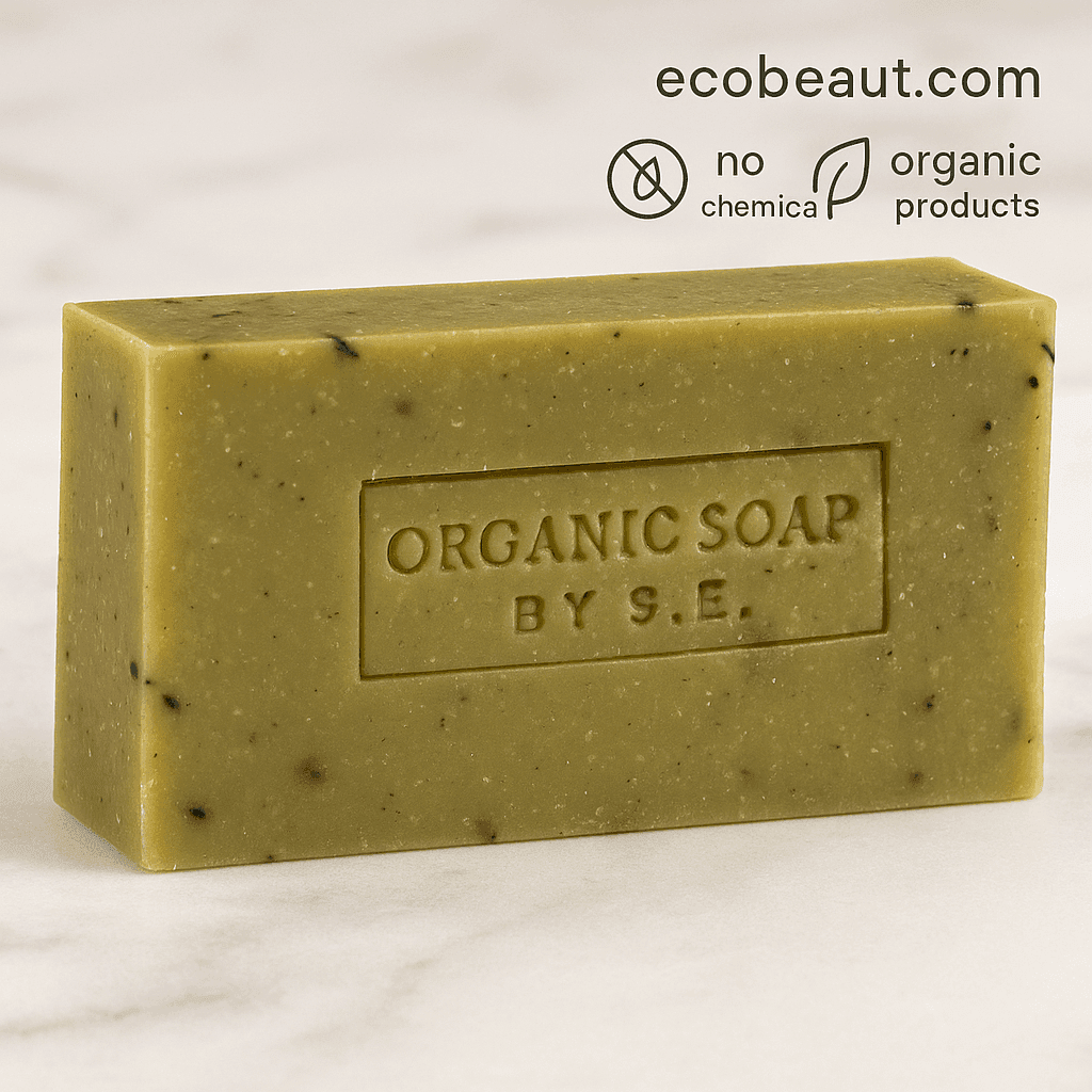 Organic peppermint soap bar by S.E. on marble background – natural green texture, ecobeaut.com, no chemicals, organic products