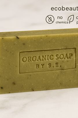 Organic peppermint soap bar by S.E. on marble background – natural green texture, ecobeaut.com, no chemicals, organic products