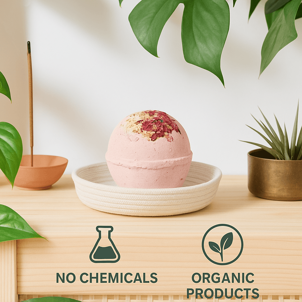 Organic pink bath bomb with dried rose petals and chamomile, styled in a white rope dish on a wooden shelf with lush green plants — eco-friendly decor, ecobeaut.com