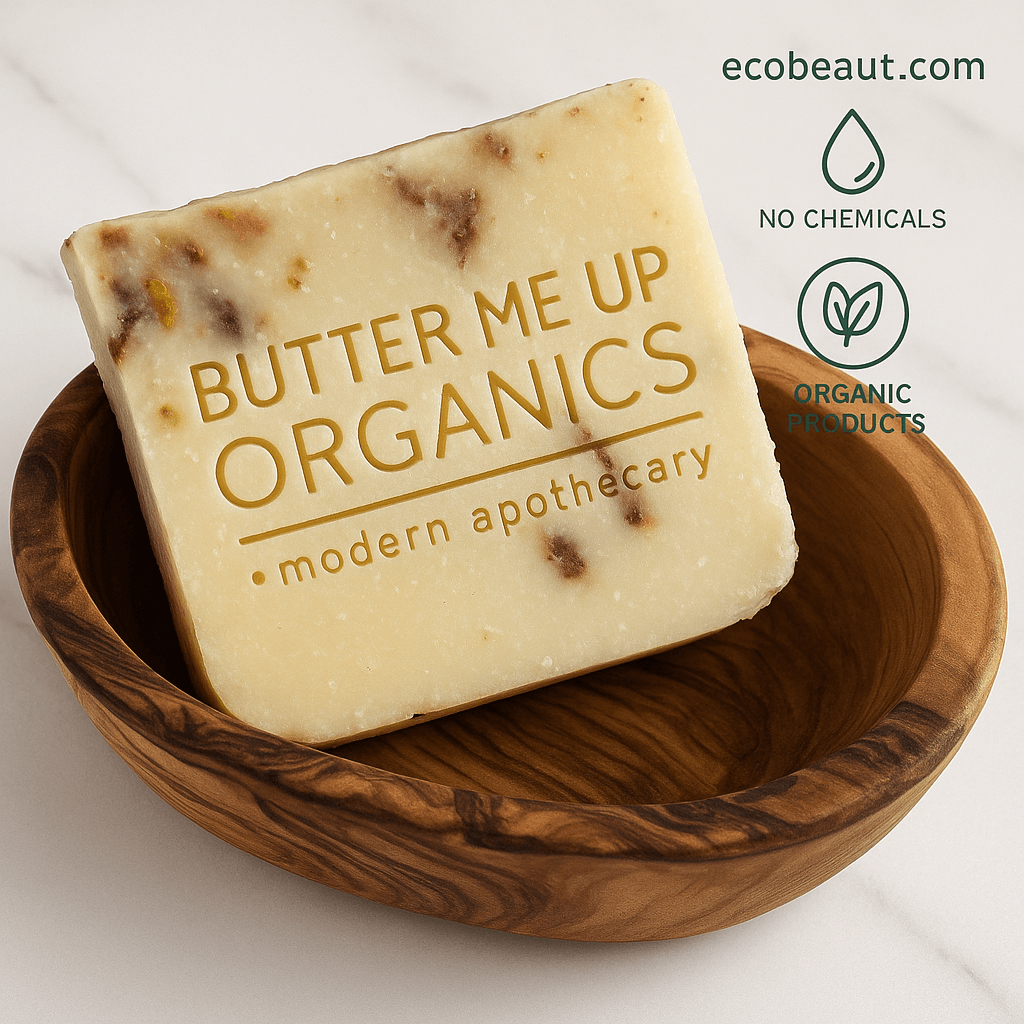Organic soap bar with herbal streaks in handcrafted wooden bowl, labeled Butter Me Up Organics – ecobeaut.com