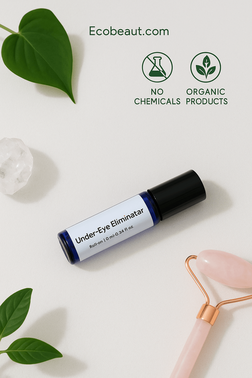 Organic under-eye serum with jade roller, natural crystals, and green plants – no chemicals, organic skincare from ecobeaut.com