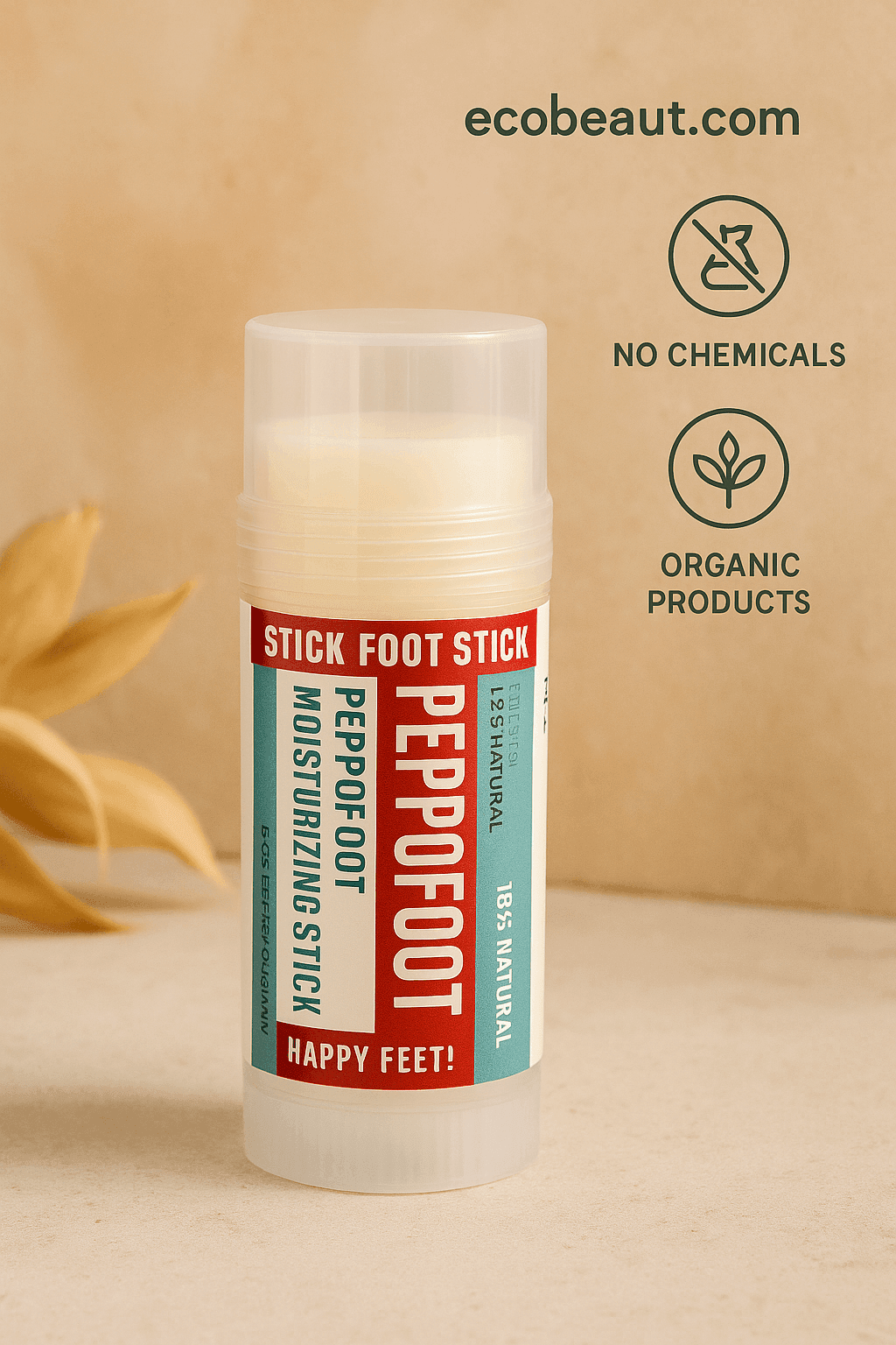 PEPPOFOOT Moisturizing Stick – natural foot care stick made with organic ingredients, displayed on a clean beige background, ecobeaut.com