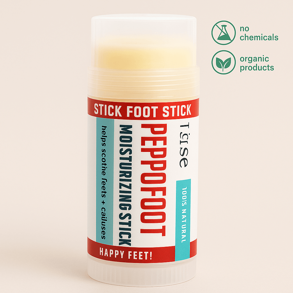 PEPPOFOOT natural moisturizing stick for dry feet, shown with 'no chemicals' and 'organic products' icons, ecobeaut.com branding