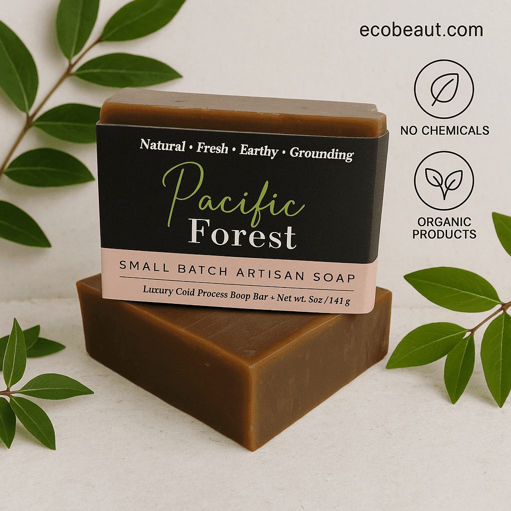Pacific Forest artisan soap bar by ecobeaut.com on a neutral background with green leaves, featuring “NO CHEMICALS” and “ORGANIC PRODUCTS” icons in the top right corner.




