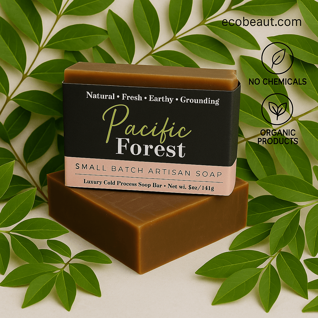 Pacific Forest artisan soap bar by ecobeaut.com surrounded by abundant green leaves on a natural background, featuring “NO CHEMICALS” and “ORGANIC PRODUCTS” icons in the top right corner.