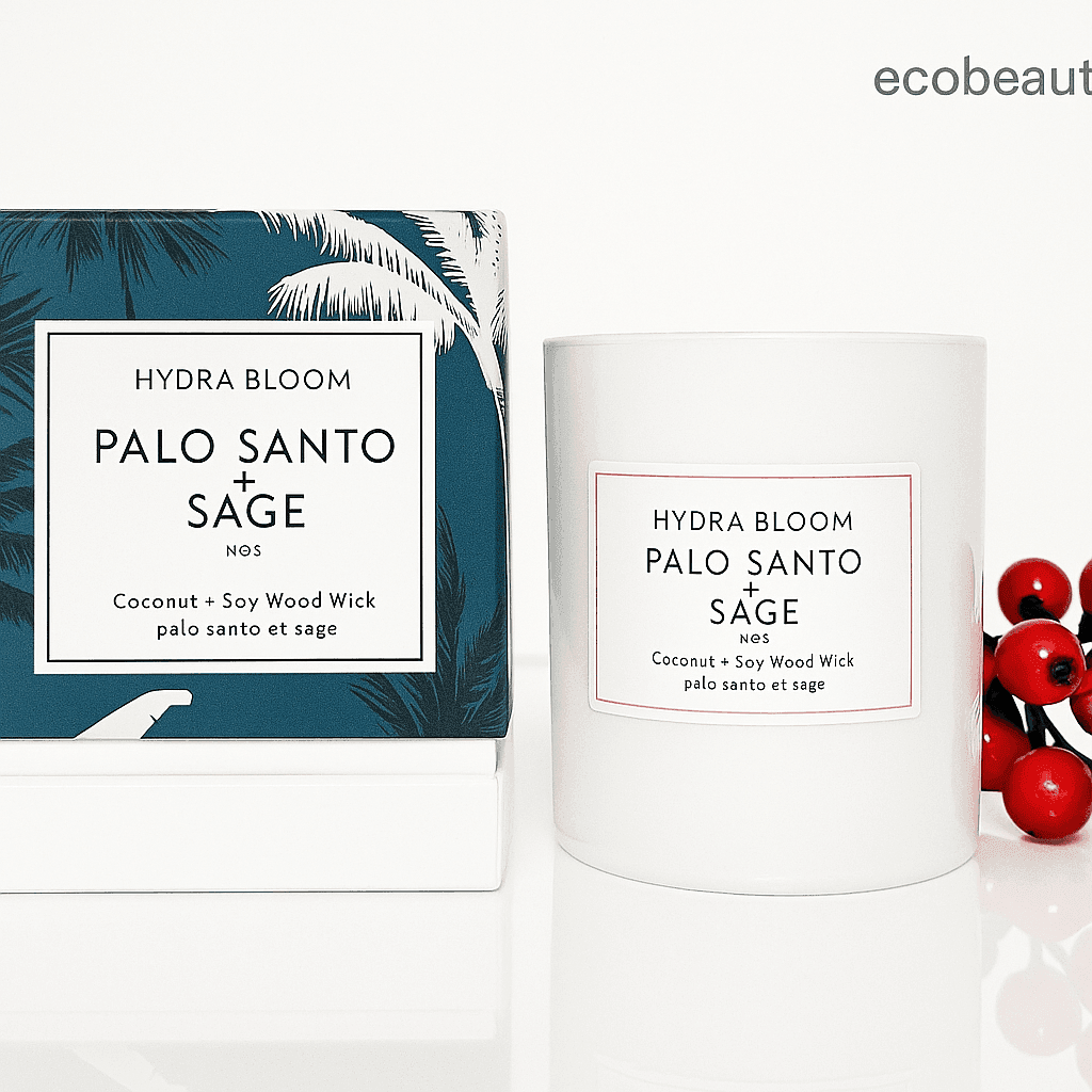 Palo Santo and Sage soy candle with wood wick in white glass jar and elegant box – ecobeaut.com eco-friendly aromatherapy product photo