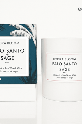 Palo Santo and Sage soy candle with wood wick in white glass jar and elegant box – ecobeaut.com eco-friendly aromatherapy product photo