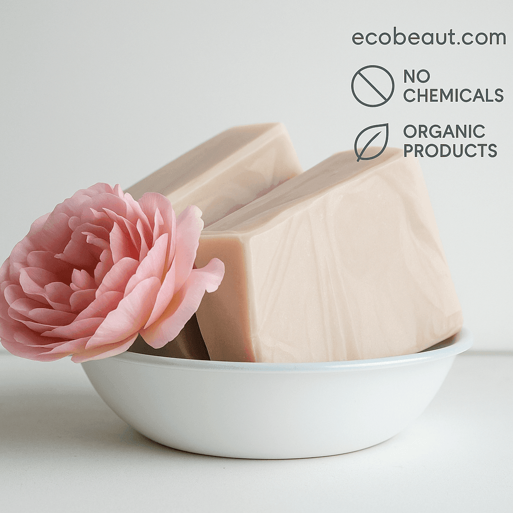 Passion Flower Shampoo Bar with a pink flower in a white bowl, labeled ecobeaut.com, No Chemicals, Organic Products in the top right corner.