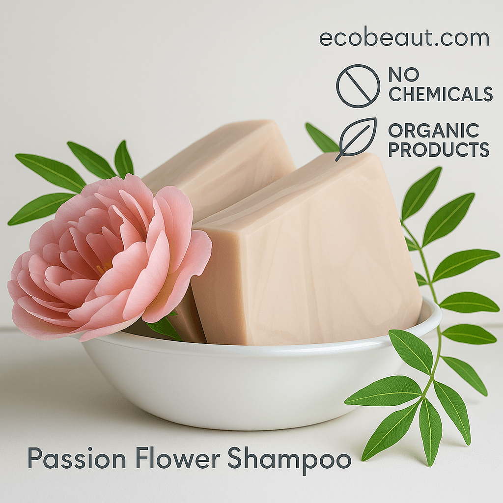 Passion Flower Shampoo Bars with pink flower and green leaves in a bowl, featuring ecobeaut.com, No Chemicals, Organic Products labels in the top right corner.