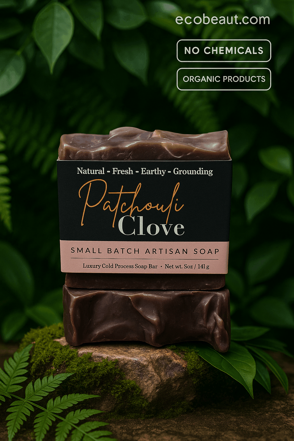 Patchouli Clove artisan soap bar by ecobeaut.com displayed on a natural background with “NO CHEMICALS” and “ORGANIC PRODUCTS” icons in the top right corner.