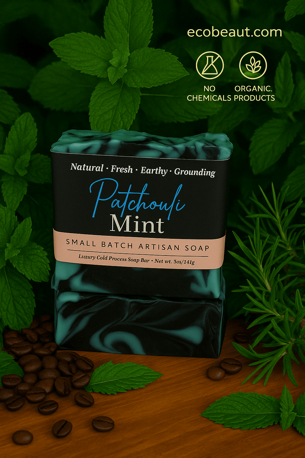 Patchouli Mint soap on wood, with green leaves and coffee beans, plus eco-friendly icons and ecobeaut.com in the top right.