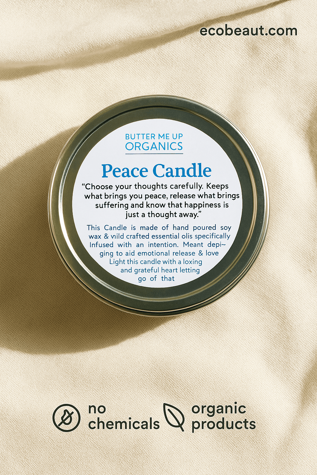 Peace Candle packaging with text and branding on a beige fabric background