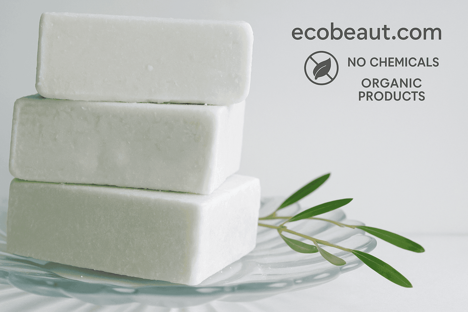 Peppermint Eucalyptus Shampoo Bars stacked on a glass plate with green leaves, labeled ecobeaut.com, No Chemicals, Organic Products.








