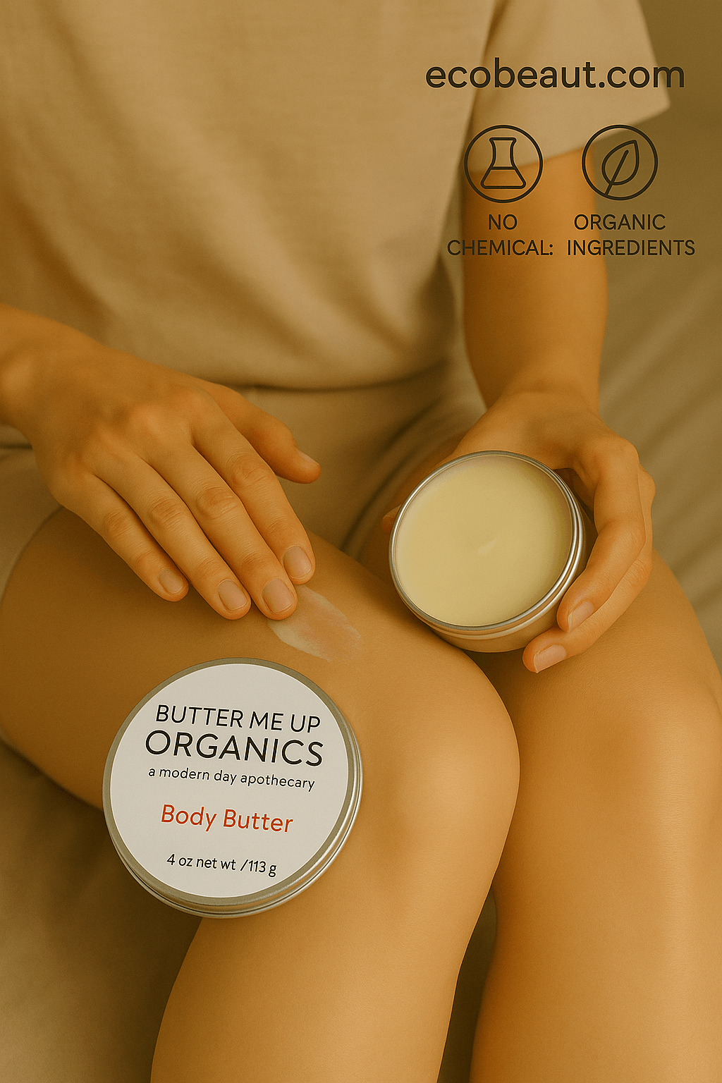 Person applying Butter Me Up Organics Body Butter to leg, showcasing smooth texture and skin hydration, with ecobeaut.com and icons no chemicals, organic ingredients