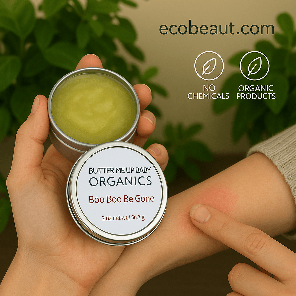 Person applying organic balm “Boo Boo Be Gone” by ecobeaut.com to irritated forearm, with “no chemicals” and “organic products” icons and green plants in the background.