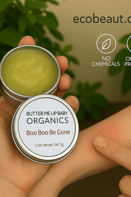 Person applying organic balm “Boo Boo Be Gone” by ecobeaut.com to irritated forearm, with “no chemicals” and “organic products” icons and green plants in the background.