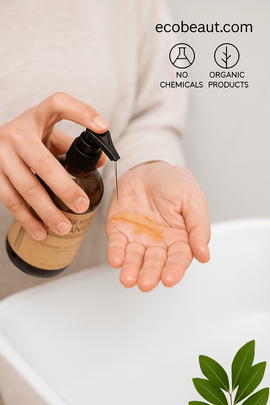 Person dispensing Butter Me Up Organics Lavender Hand Soap from ecobeaut.com onto hand, with “NO CHEMICALS,” “ORGANIC PRODUCTS” icons and ecobeaut.com branding in the top right corner.