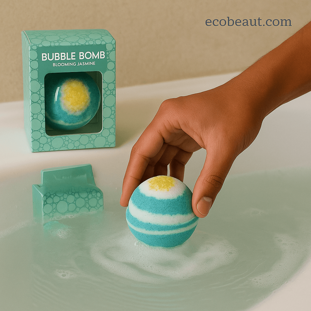 Person dropping Blooming Jasmine Bubble Bomb into a bathtub, creating bubbles, with product box nearby, ecobeaut.com