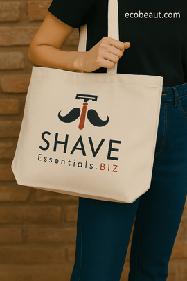 Person holding a SHAVE Essentials.BIZ canvas tote bag with razor and mustache logo – sustainable beige cotton accessory for grooming – eco-friendly branding from ecobeaut.com


