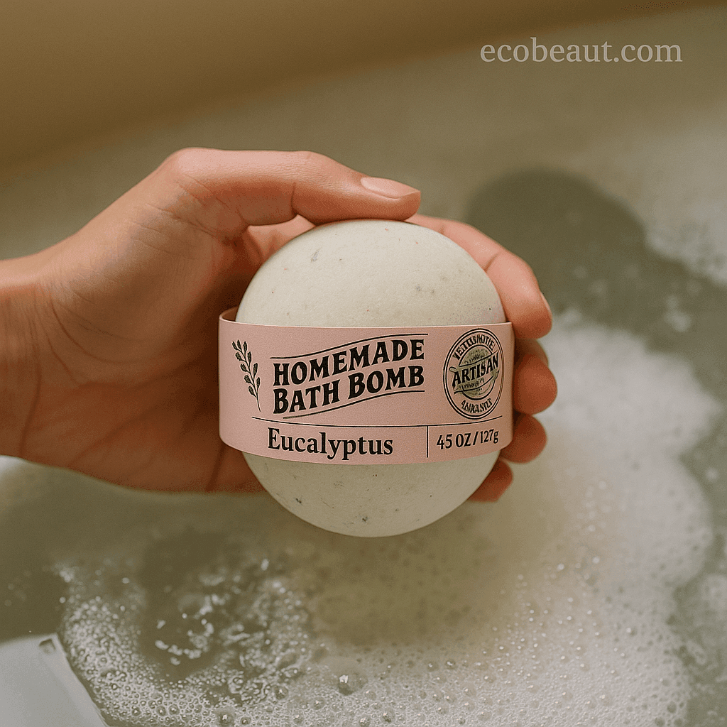 Person holding eucalyptus bath bomb above foamy bath water, showcasing natural handmade design and pastel pink label, ecobeaut.com