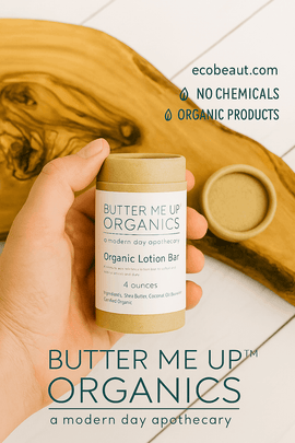 Person holding organic lotion bar on wood, with eco-friendly icons and ecobeaut.com in the top right.