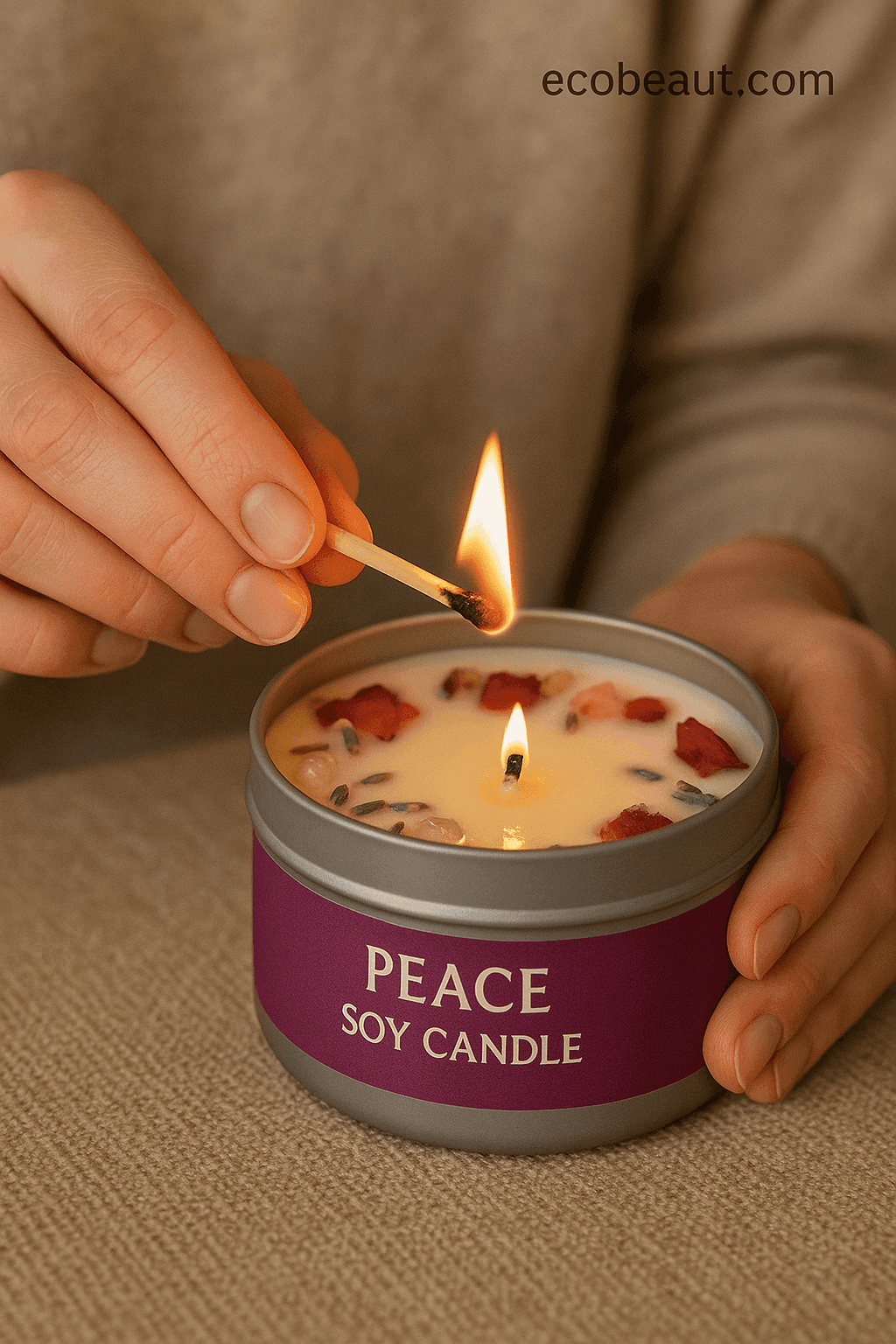 Person lighting the Frequency PEACE soy candle with floral and crystal topping — natural wellness ritual, ecobeaut.com