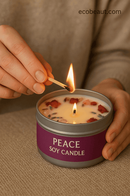 Person lighting the Frequency PEACE soy candle with floral and crystal topping — natural wellness ritual, ecobeaut.com