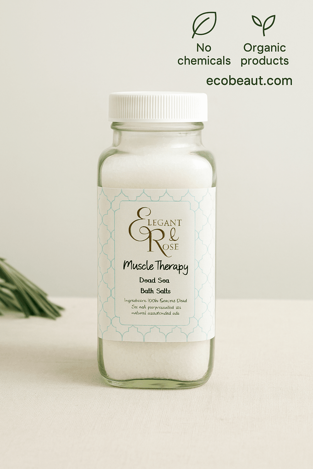 Premium Dead Sea Bath Salts – Elegant Rose Muscle Therapy in stylish packaging, beautifully displayed with organic and chemical-free labels, ecobeaut.com upper-right