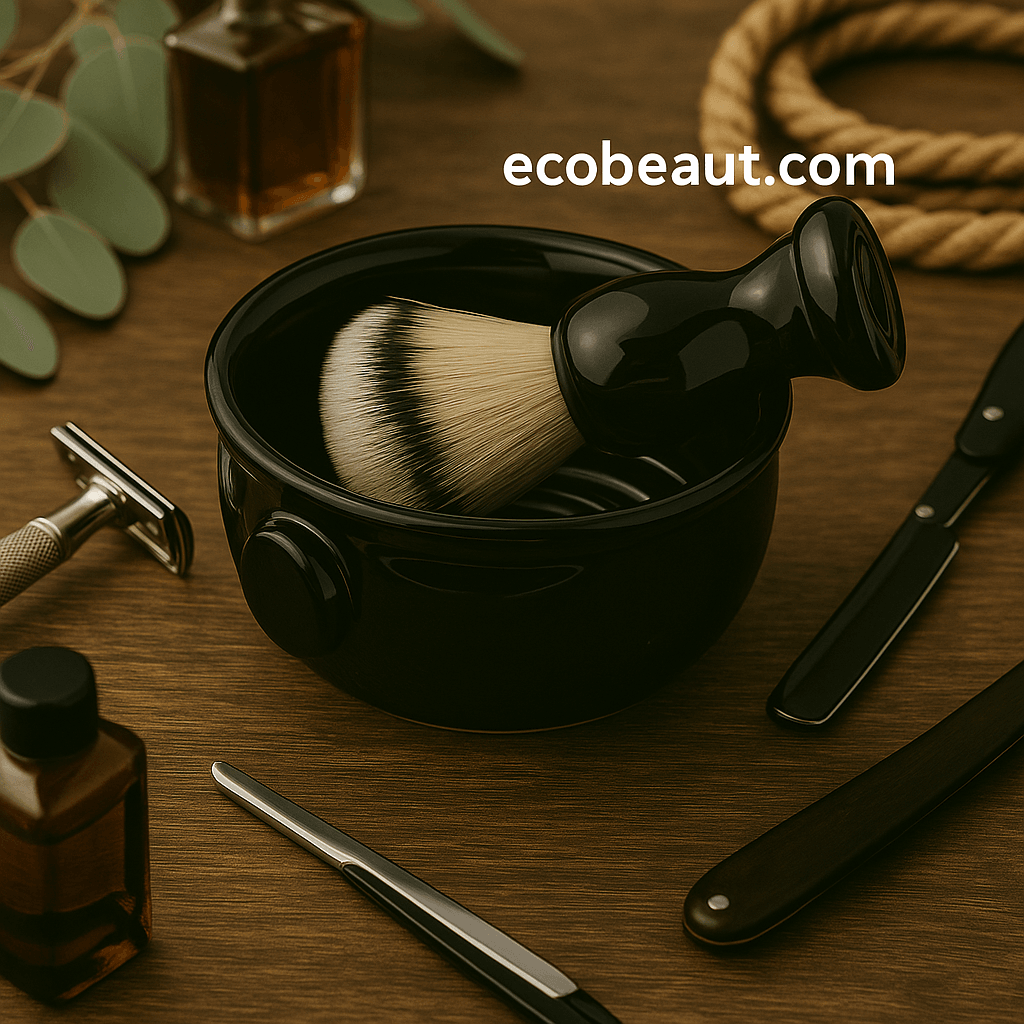 Premium ceramic shaving bowl with brush and grooming tools on wooden surface – traditional wet shave set from ecobeaut.com.