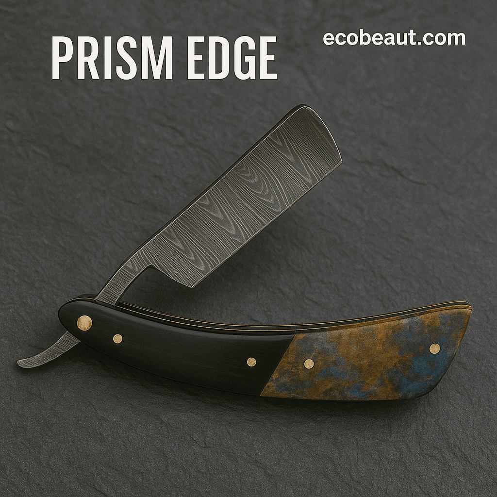 Prism Edge straight razor with Damascus blade and a two-tone handle resting on dark slate, featuring bold product name and ecobeaut.com in the top-right corner.