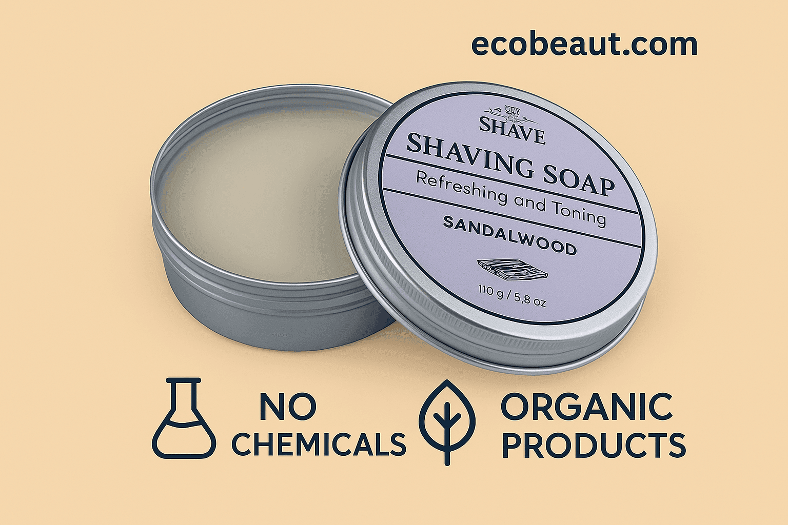 Promotional image of Shave Essentials Sandalwood Shaving Soap with branding, organic product icons, and ecobeaut.com header on beige background.