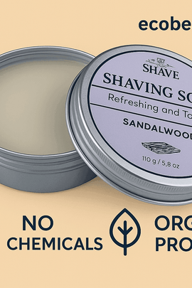 Promotional image of Shave Essentials Sandalwood Shaving Soap with branding, organic product icons, and ecobeaut.com header on beige background.