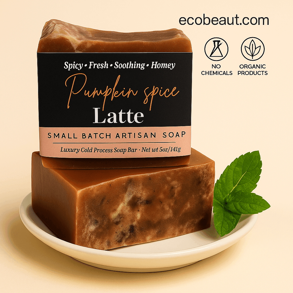 Pumpkin Spice Latte artisan soap bar by ecobeaut.com on a ceramic plate with mint leaves, featuring “NO CHEMICALS” and “ORGANIC PRODUCTS” icons in the top right corner.





