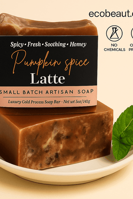 Pumpkin Spice Latte artisan soap bar by ecobeaut.com on a ceramic plate with mint leaves, featuring “NO CHEMICALS” and “ORGANIC PRODUCTS” icons in the top right corner.




