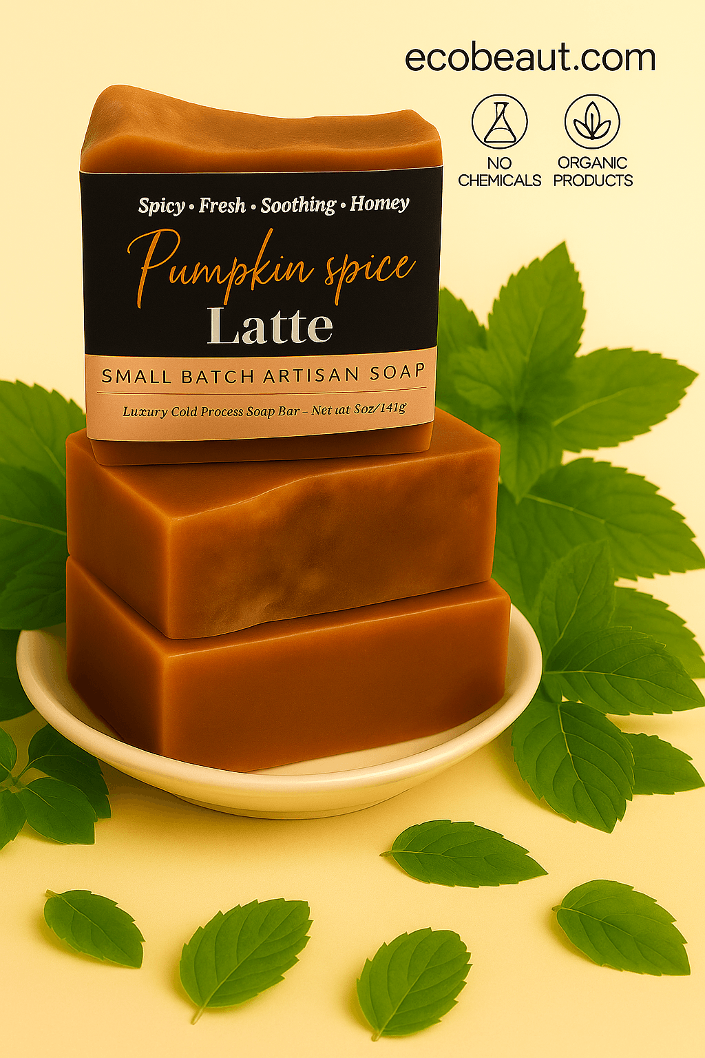 Pumpkin Spice Latte artisan soap bar by ecobeaut.com placed on a ceramic plate surrounded by fresh green leaves, with “NO CHEMICALS” and “ORGANIC PRODUCTS” icons in the top right corner.



